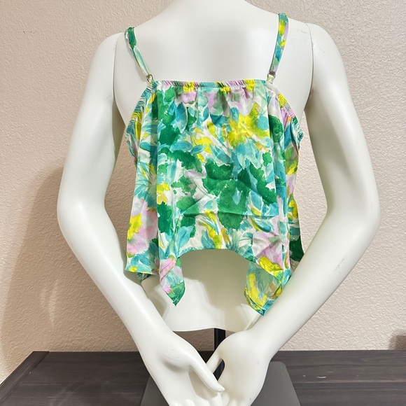 • Women's Satin Handkerchief Hem Tank Top • Floral • Lime Green • Large • - Picture 2 of 3